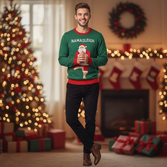 Norther Pole Namasleigh Ugly Christmas Sweater Santa Yoga Pose Knitted Unisex - Picture 4 of 12